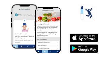 Auf dem Bild ist ein Mock-up auf zwei Smartphone Bildschirmen. Daneben ist das App Logo der Thieme Telecoach App und darunter ein Banner zum Google Playstore und ein Banner zum Apple Appstore.