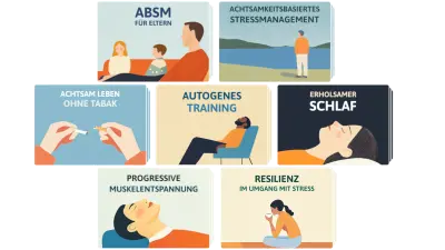 Kacheln mit 7Mind Kursübersicht: "Autogenes Training", "Achtsam leben ohne Tabak", "Achtsamkeitsbasiertes Stressmanagement", "ABSM für Eltern", "Erholsamer Schlaf", "Progressive Muskelentspannung", "Resilienz im Umgang mit Stress"
