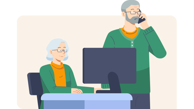 Illustration von einer Frau am Computer und einem Mann am Telefon.
