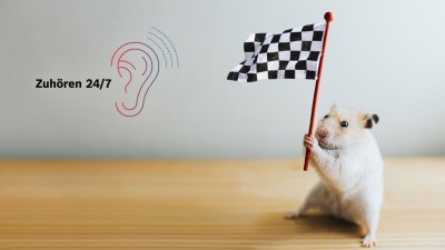 Eine Maus hält eine schwarz weiß karierte Fahne