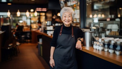 Eine ältere Frau als Barfrau gekleidet lehnt sich an eine Theke.