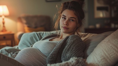 Eine schwangere Frau sitzt abends im Bett und schaut nachdenklich in die Kamera. Sie trägt bequeme Kleidung und im Hintergrund ist eine sanft beleuchtete Nachttischlampe zu sehen.