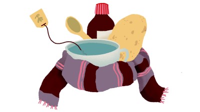 Illustration mit verschiedenen Hausmitteln gegen Erkältung, darunter Tee, Honig und Schal.
