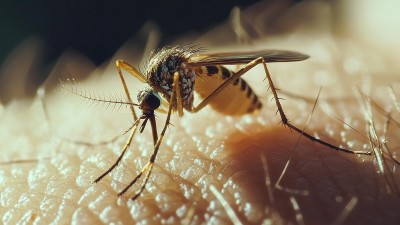 Eine Stechmücke sitzt auf der Haut eines Menschen und sticht zu.