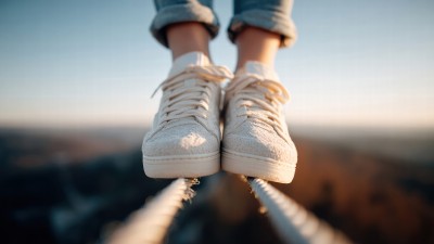 Blick auf die Füße einer Person, die auf zwei Seilen balanciert.