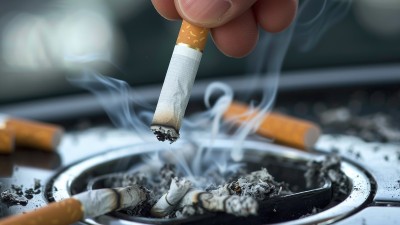 Eine Hand drückt eine Zigarette in einem Aschenbecher aus.