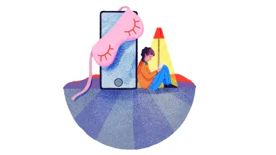 Illustration eines lesenden Mannes, an ein überdimensioniertes Handy gelehnt.